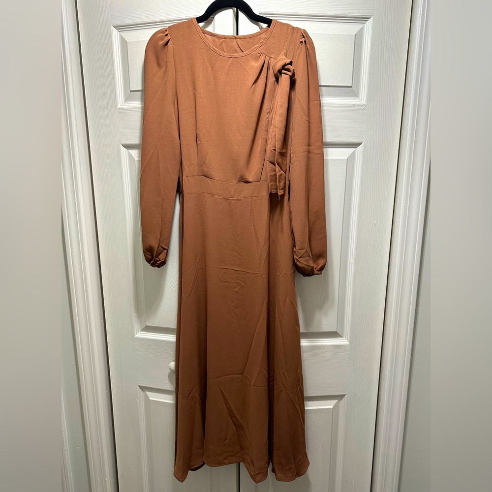 Brown midi dress with sash detail